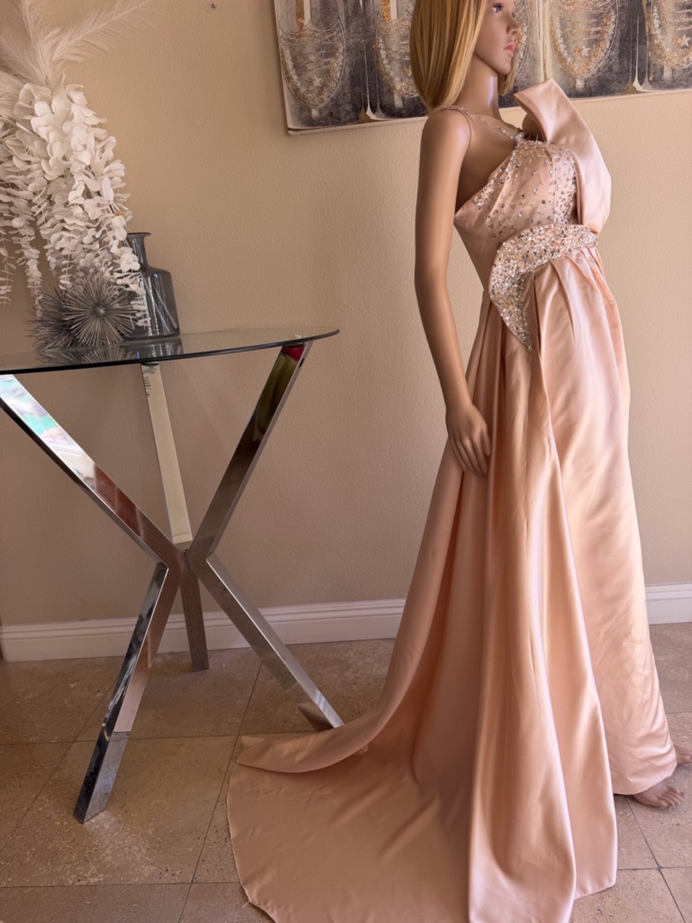 Evening One-Shoulder Satin Gown in Blush Pink